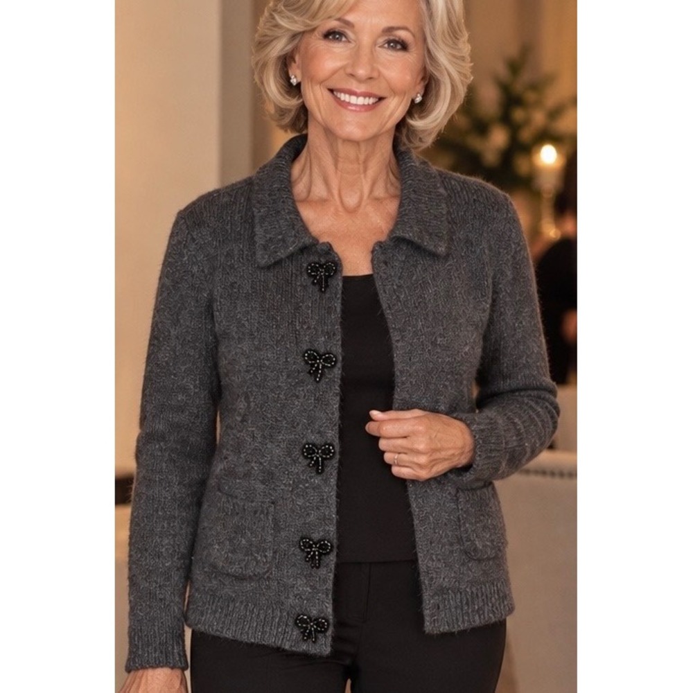 Design History Gray Beaded Bow Button Cardigan PM Knit Sweater Holiday Party